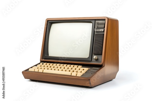 Vintage desktop computer with blank white screen on top wooden table and on white background.