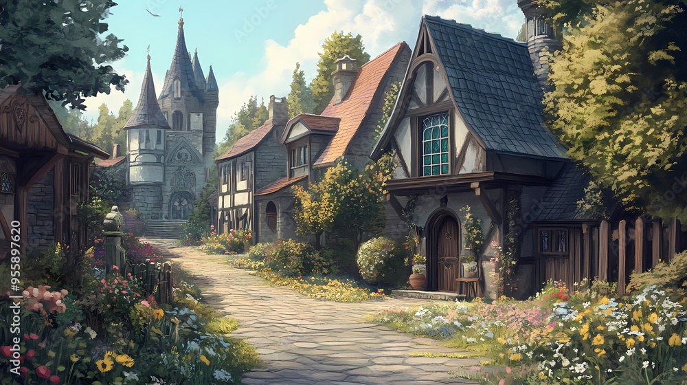 An illustration of the small medieval fantasy garden house in a town. Fantasy. Illustration An illustration of the small medieval fantasy garden house in a town. Fantasy. Illustration