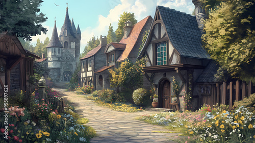 An illustration of the small medieval fantasy garden house in a town. Fantasy. Illustration