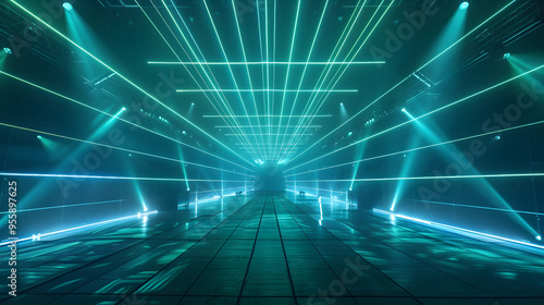 Laser grid light pattern on a dark stage, neon green and blue