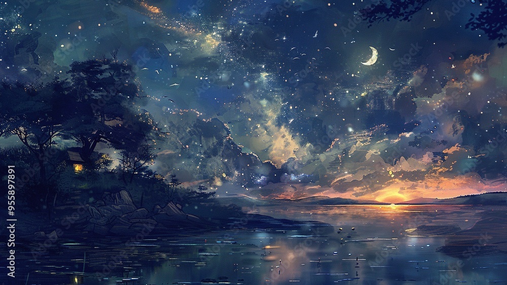 A breathtaking sunset over a serene lake, casting warm hues on the surrounding landscape A breathtaking sunset over a serene lake, casting warm hues on the surrounding landscape