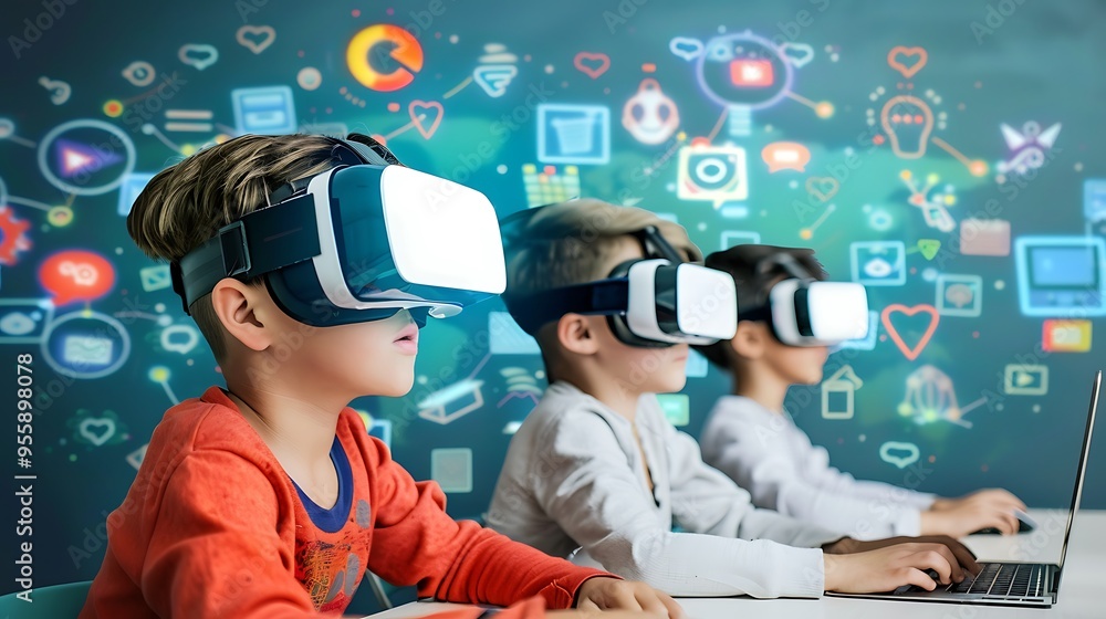 Three children wearing Virtual Reality VR headsets with Digital Learning Screens for Futuristic Modern Educational World Technology Experience Concept. Three children wearing Virtual Reality VR headsets with Digital Learning Screens for Futuristic Modern Educational World Technology Experience Concept.