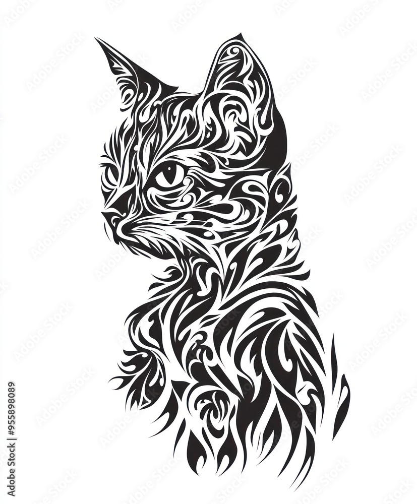 Obraz premium A stylized black and white illustration of a cat with intricate patterns.