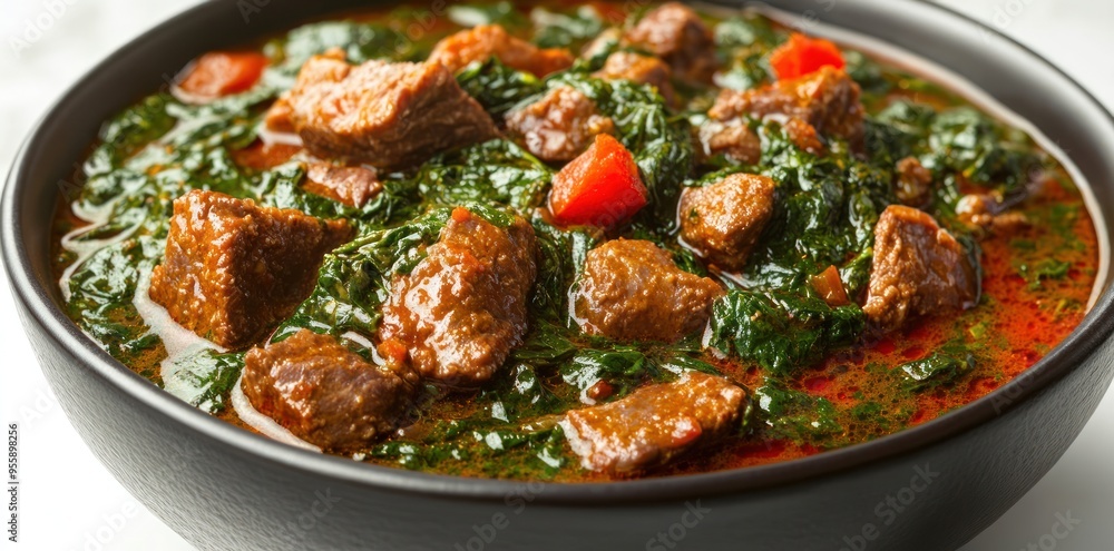 Beef and Spinach Stew in a Black Bowl Beef and Spinach Stew in a Black Bowl