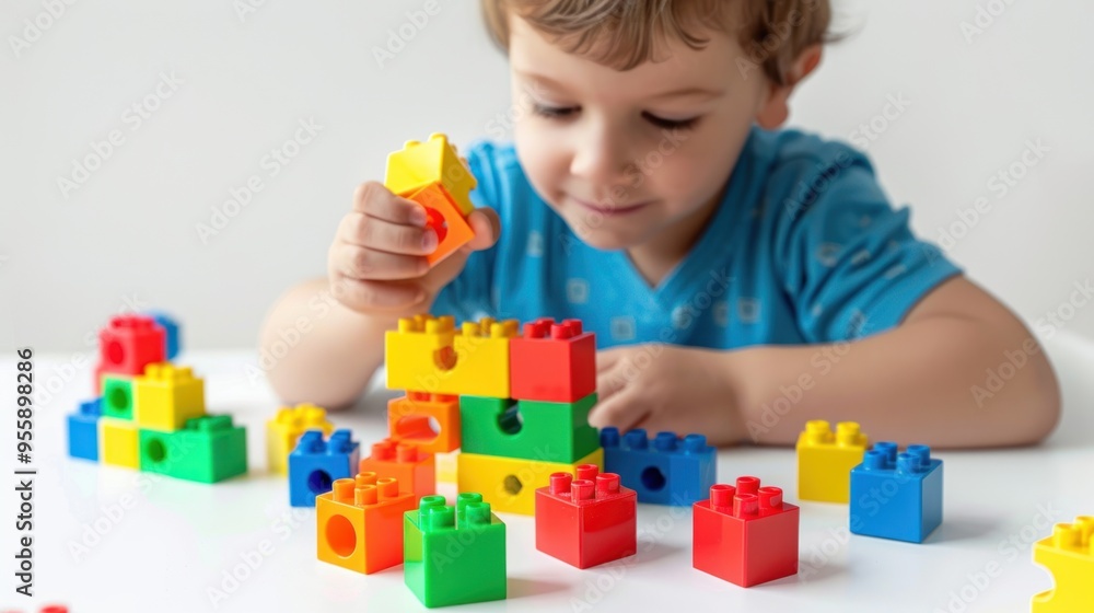 A cute little kid is designing and creating a model from colorful plastic blocks. Photo on a white background. A cute little kid is designing and creating a model from colorful plastic blocks. Photo on a white background.
