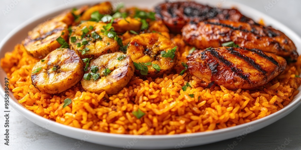 Grilled Chicken, Plantain, and Rice with Green Garnish Grilled Chicken, Plantain, and Rice with Green Garnish
