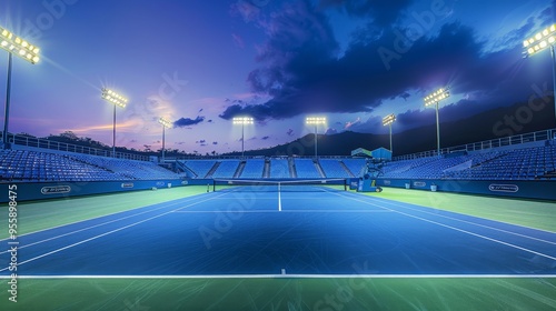 Wallpaper Mural A vibrant tennis stadium bathed in the warm glow of floodlights against a twilight sky. The blue court and surrounding bleachers create a sense of competition, while the sky symbolizes the vastness of Torontodigital.ca