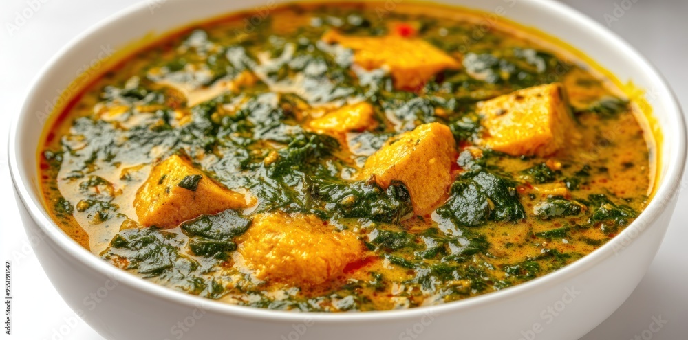 Close-up of a bowl of creamy spinach and tofu curry Close-up of a bowl of creamy spinach and tofu curry