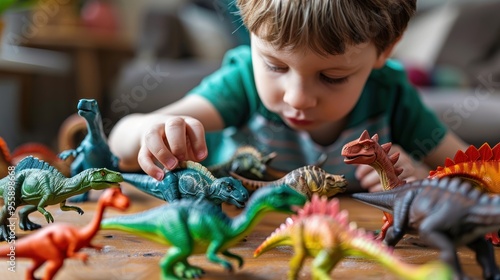 Fototapeta Naklejka Na Ścianę i Meble -  A boy is playing with a variety of colorful dinosaur toys. Educational play, Fossils and reptiles, Dinosaur toys, Paleontology for toddlers.
