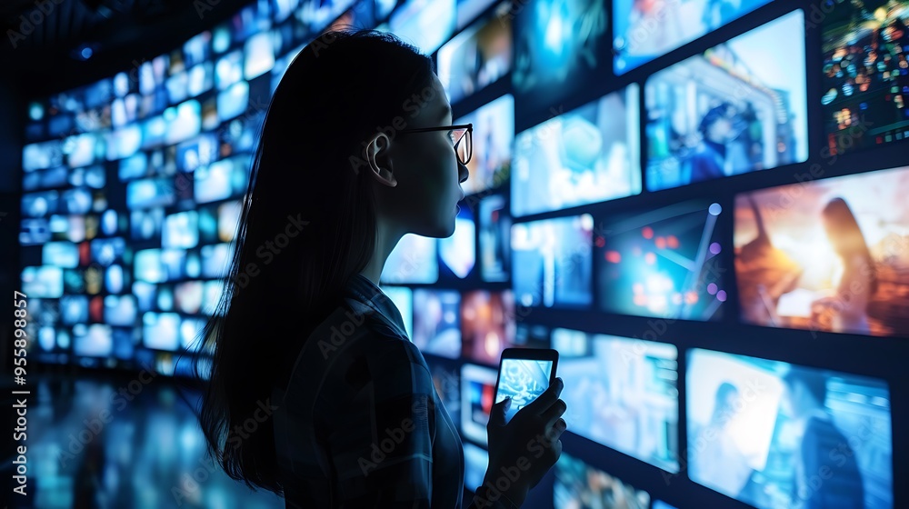 Woman Holding a Smart Phone standing in front of a Digital screen wall for Future Modern Technology Progress Concept. Woman Holding a Smart Phone standing in front of a Digital screen wall for Future Modern Technology Progress Concept.