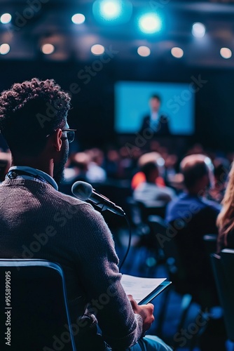 A leading influencer participating in a panel discussion. Stage with multiple panelists and audience photo