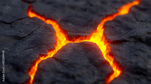 A close-up view of a dark, cracked rock surface with bright, glowing lava visible within the crevices.