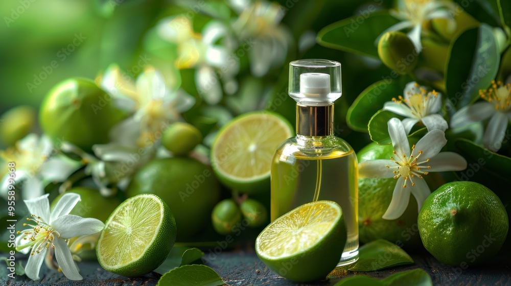 Close up view of glass perfume bottle filled with yellow lemon extract (Citrus aurantiifolia). Background is lemon fruit, leaves and flowers. Blank label for brand mockup. Close up view of glass perfume bottle filled with yellow lemon extract (Citrus aurantiifolia). Background is lemon fruit, leaves and flowers. Blank label for brand mockup.