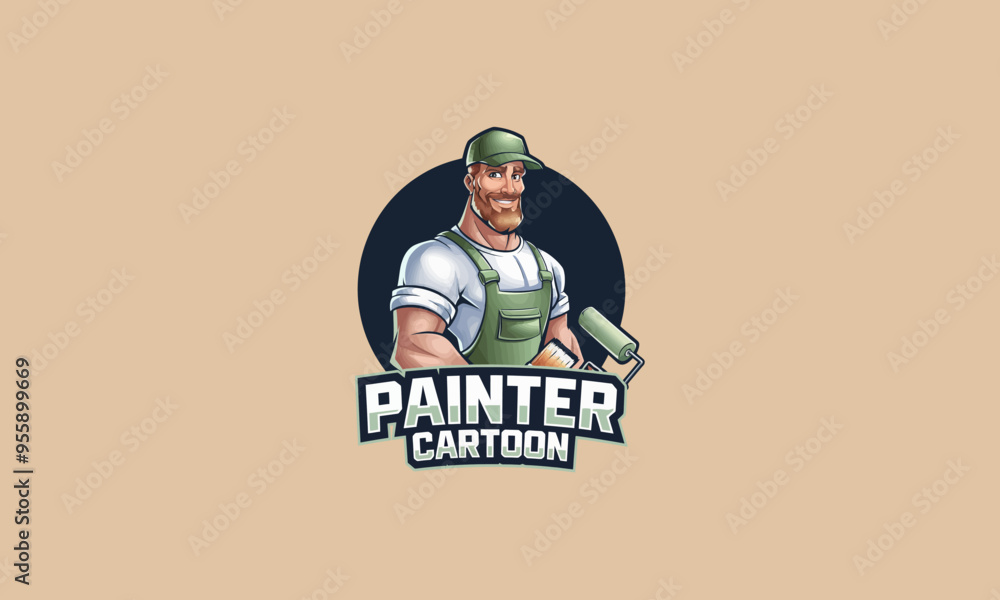 A muscular cartoon painter holding a roller and brush, smiling confidently A muscular cartoon painter holding a roller and brush, smiling confidently