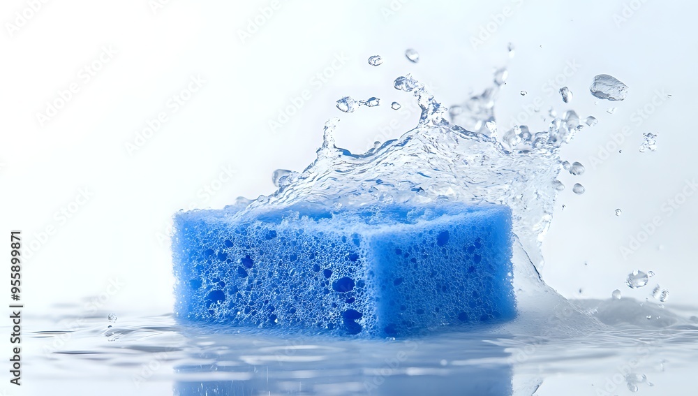 Obraz premium Blue Sponge Soaking in Water with a Splash