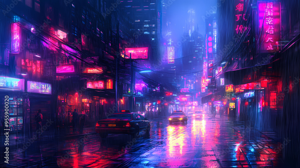 Generative ai, night scene of after rain city in cyberpunk style, futuristic nostalgic neon lights vibrant colors, photorealistic horizontal illustration. Cyberpunk. Illustration
