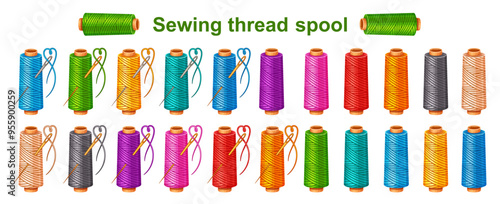Sewing thread spool with needle for tailoring handmade sew, cotton yarn skein color icon set. Filament reel for needlework embroidery. Wool knitting string bobbin. Textile clothing repair tool. Vector