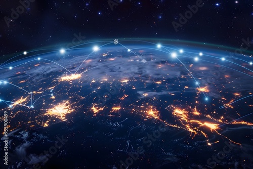 Aerial View of Earth at Night with Glowing City Lights and Network Connections in Space