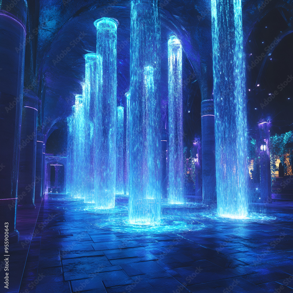 Futuristic Blue Water Fountains at Night Futuristic Blue Water Fountains at Night