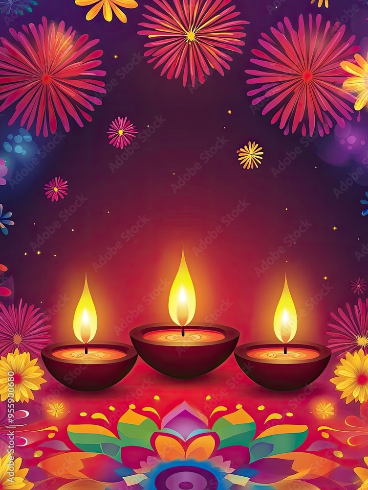 festive Diwali poster with colorful rangoli patterns at the bottom, decorated with vibrant flowers, lamps, and fireworks in the background, ample copy space in the center, ai festive Diwali poster with colorful rangoli patterns at the bottom, decorated with vibrant flowers, lamps, and fireworks in the background, ample copy space in the center, ai