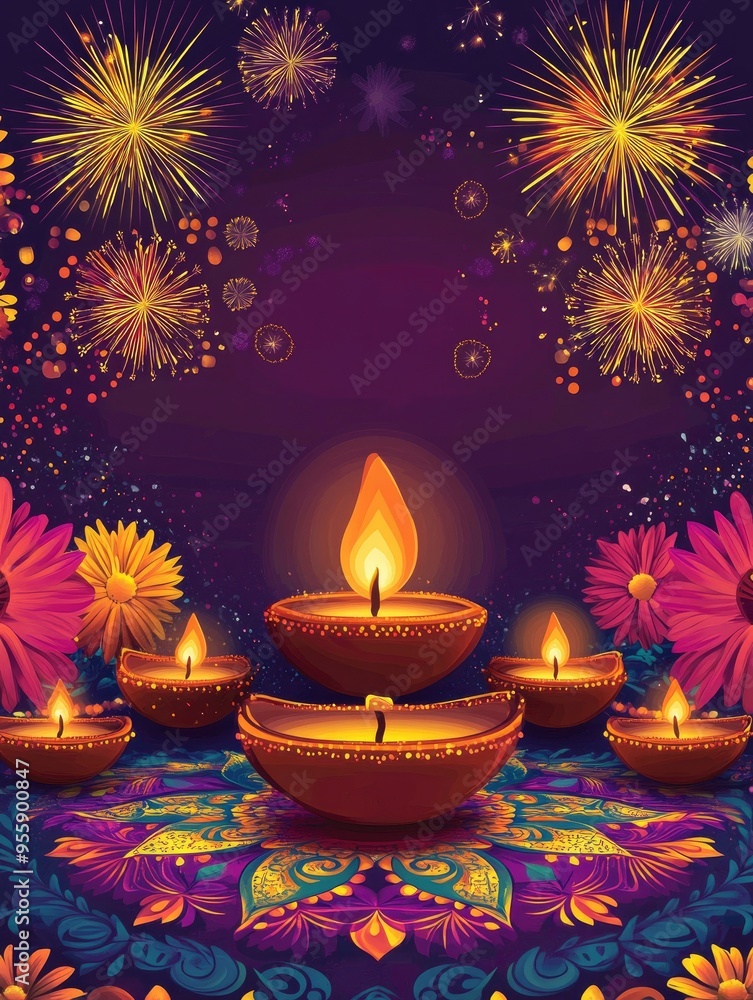 festive Diwali poster with colorful rangoli patterns at the bottom, decorated with vibrant flowers, lamps, and fireworks in the background, ample copy space in the center, ai festive Diwali poster with colorful rangoli patterns at the bottom, decorated with vibrant flowers, lamps, and fireworks in the background, ample copy space in the center, ai