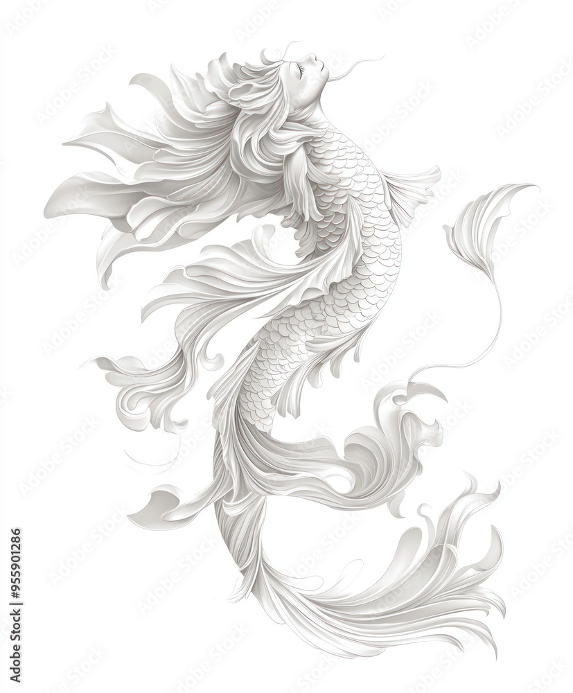 A stylized white koi fish with flowing hair-like fins, representing grace and fluidity. A stylized white koi fish with flowing hair-like fins, representing grace and fluidity.