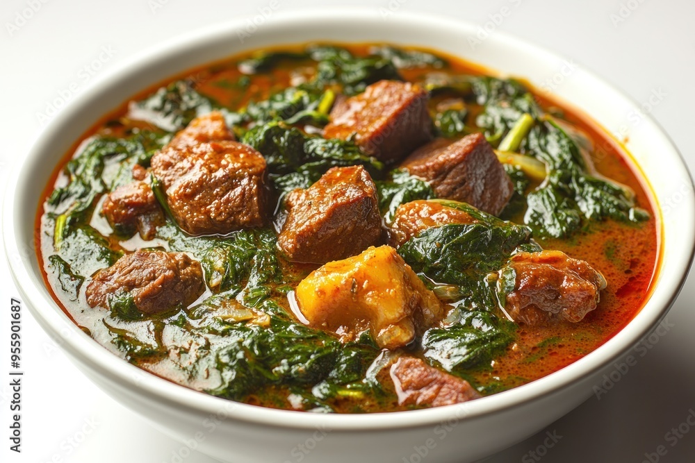 Bowl of Beef and Spinach Stew with Potatoes Bowl of Beef and Spinach Stew with Potatoes