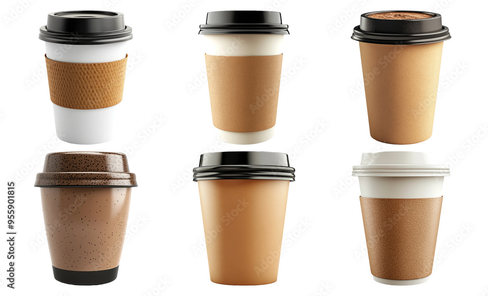Set of six disposable coffee cups in different designs isolated on transparent background Set of six disposable coffee cups in different designs isolated on transparent background