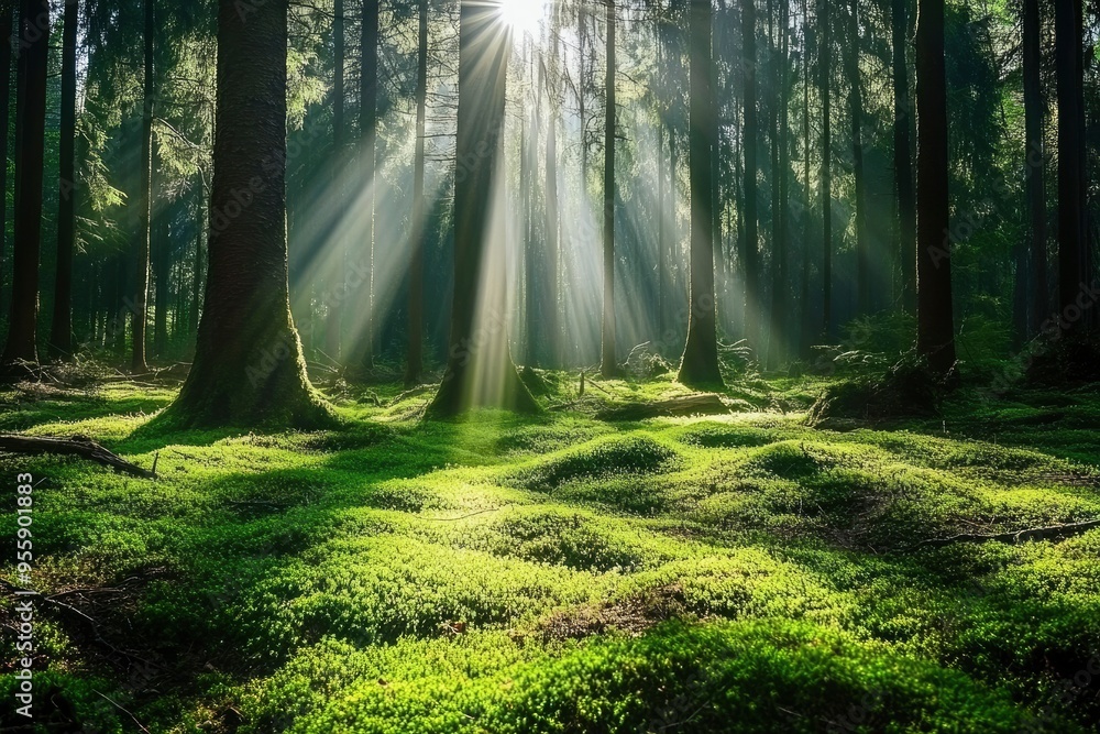 Fototapeta premium Sunlight in a green forest. Forest sunbeam. Ray of sunlight in forest green. Mossy forest sunbeam , ai