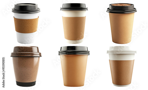 Set of six disposable coffee cups in different designs isolated on transparent background photo