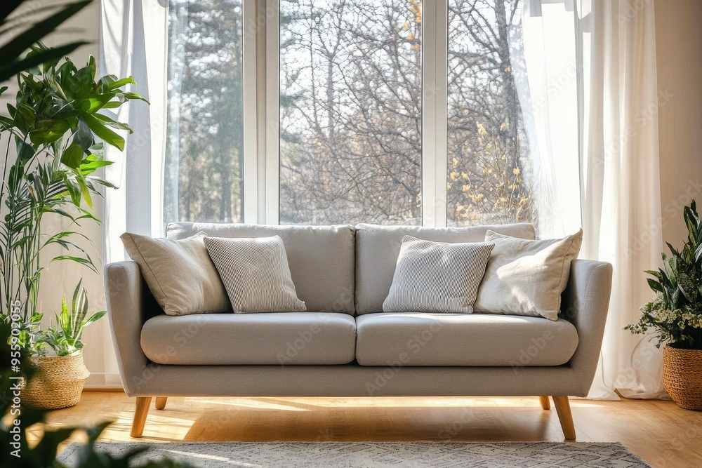 Interior of light living room with cozy grey sofas near big window, ai