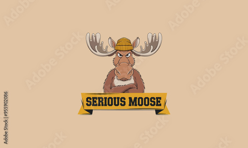 A serious cartoon moose wearing a beanie, arms crossed confidently.