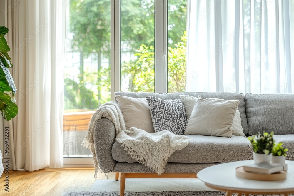 Fototapeta premium Interior of light living room with cozy grey sofas near big window, ai