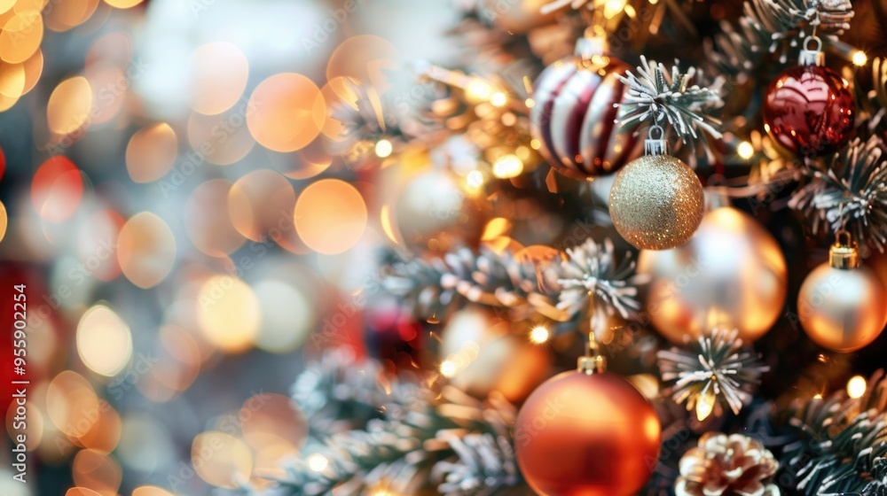 Close-up of Christmas tree ornaments and twinkling lights capturing holiday spirit Close-up of Christmas tree ornaments and twinkling lights capturing holiday spirit