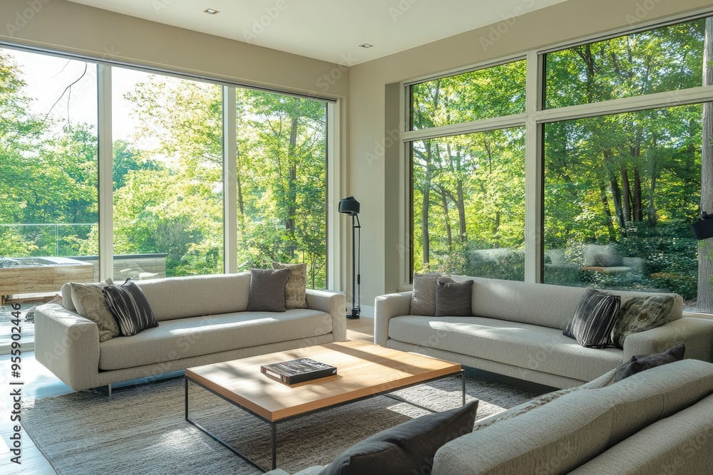 Fototapeta premium Interior of light living room with cozy grey sofas near big window, ai