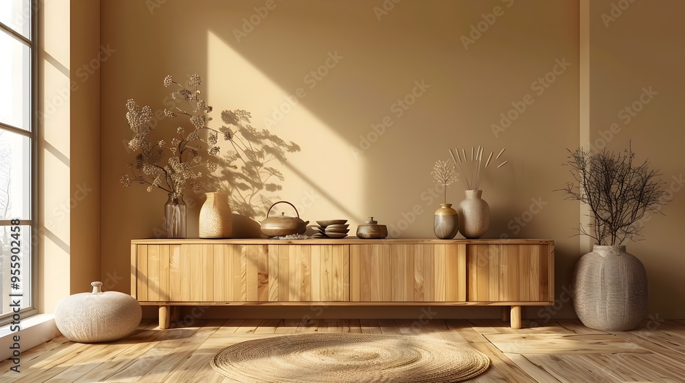 Minimalist Wooden Sideboard Displaying Decorative Accents in a Tranquil Room Minimalist Wooden Sideboard Displaying Decorative Accents in a Tranquil Room