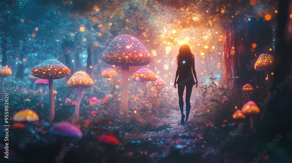 Woman having a fantasy experience on on psychedelic mushrooms in forest. generative ai. Fantasy. Illustration Woman having a fantasy experience on on psychedelic mushrooms in forest. generative ai. Fantasy. Illustration