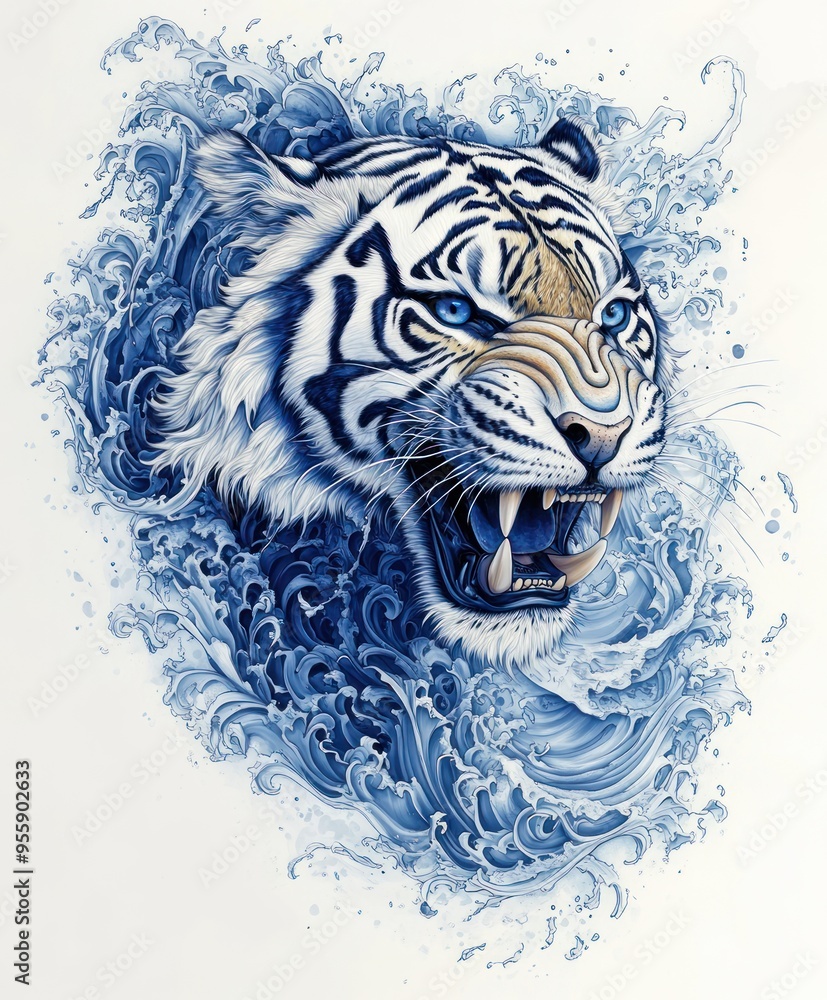 Fototapeta A fierce tiger emerges from swirling blue waves, showcasing strength and beauty.