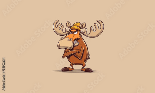 A serious cartoon moose wearing a beanie, arms crossed confidently.