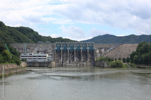 Daedeok-gu, Daejeon, South Korea - July 17, 2021: Floodgate of Daecheong Dam on Geumgang River in summer photo