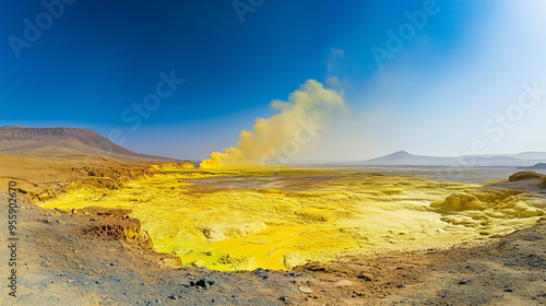 Danakil Depression, volcanic landscape with bright yellow soil and neon green from mineral deposits, sulfur smoke billowing from active crater, Ai generated images photo