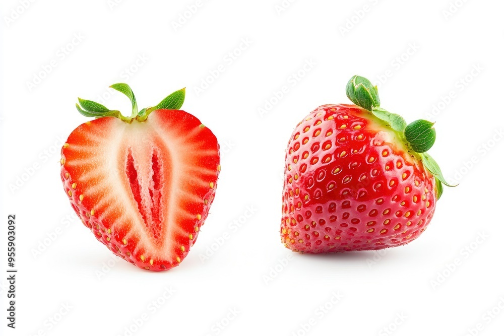 Strawberries isolated. Strawberry slice and whole on white background. Perfect retouch. Full depth of field. With clipping path. Perfect not AI strawberry, true photo , ai Strawberries isolated. Strawberry slice and whole on white background. Perfect retouch. Full depth of field. With clipping path. Perfect not AI strawberry, true photo , ai