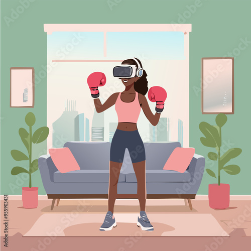 Modern African American woman VR boxing in living room with virtual reality headset, Future of immersive home exercise vector illustration