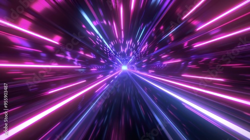 Neon lights create a vibrant, energetic tunnel effect.