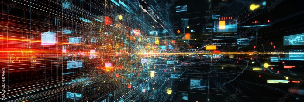 An abstract visualization of data and information flow within a digital network, showcasing interconnectedness, complexity, and rapid movement. The image represents concepts like connectivity, technol An abstract visualization of data and information flow within a digital network, showcasing interconnectedness, complexity, and rapid movement. The image represents concepts like connectivity, technol