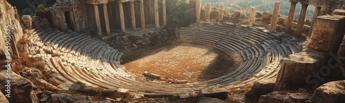 An aerial view of the ancient Greek theatre ruins in Corinth, Greece. The circular seating area, built into the hillside, is a testament to the architectural prowess of the ancient Greeks. The theatre