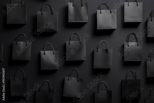 Pattern made from black paper shopping bags on black background. Black friday banner sale, shopping concept with generative ai
