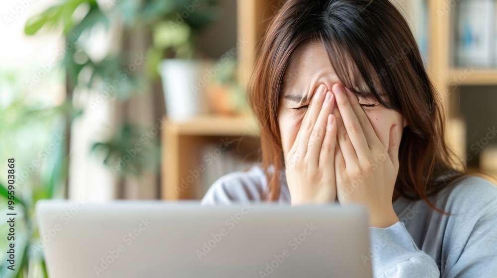 Stressed Japanese Woman Suffering from Eye Strain While Working on Laptop at Home - Perfect Stock Photo of Painful Digital Eye Fatigue Stressed Japanese Woman Suffering from Eye Strain While Working on Laptop at Home - Perfect Stock Photo of Painful Digital Eye Fatigue