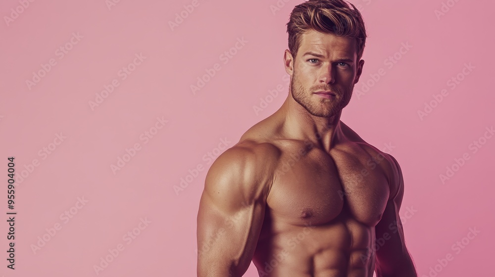 Fototapeta premium A man with a muscular chest stands in front of a pink background