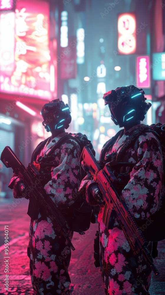 Fototapeta premium Two robots with guns and pink and black outfits stand in front of a neon sign